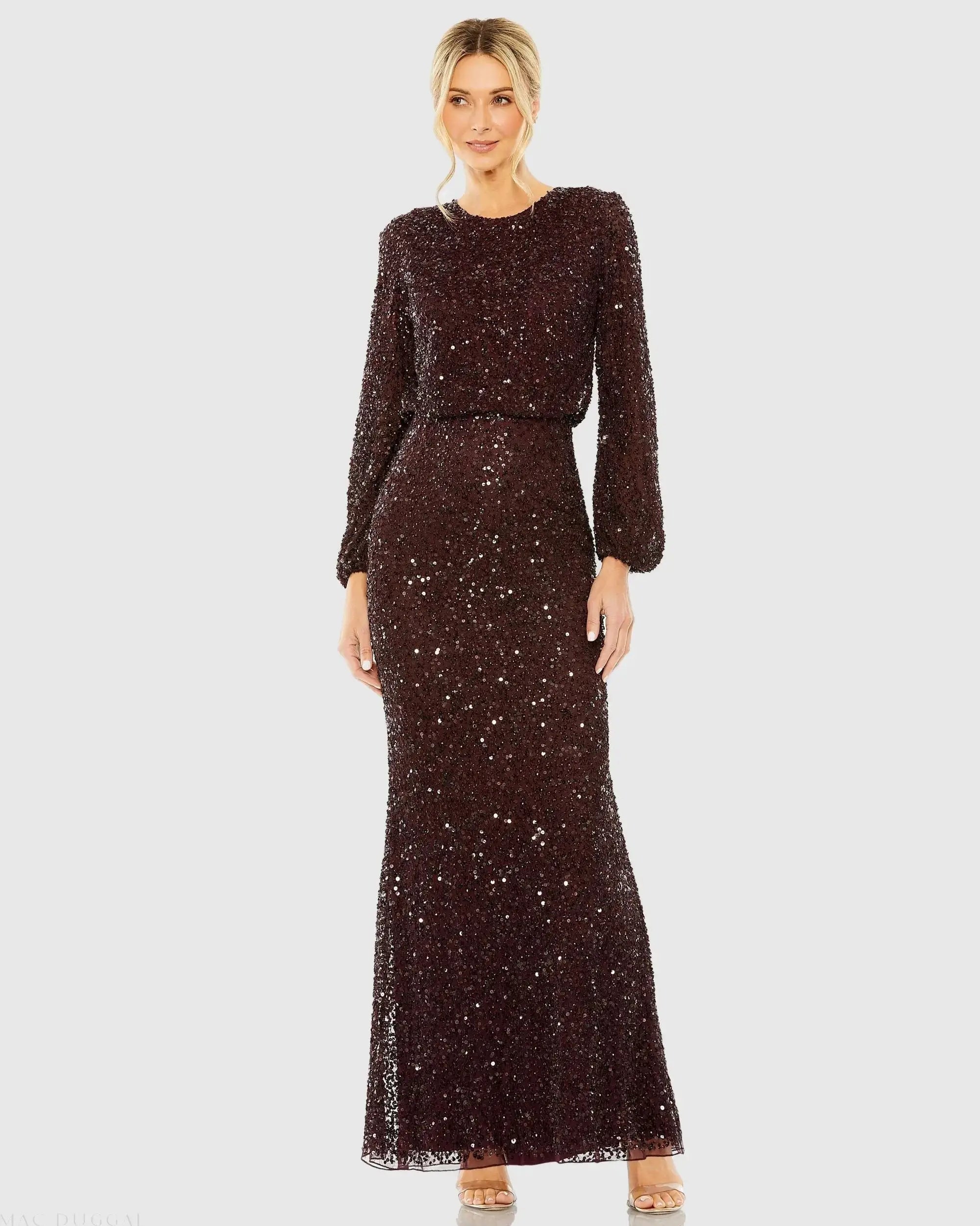 Red High Neck Long Sleeve Beaded Blouson Gown