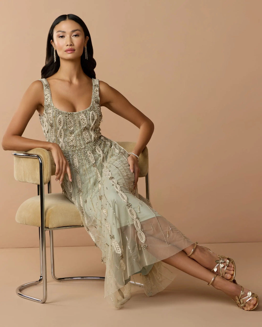 Green Sleeveless Scoop Neck Embellished Midi Dress