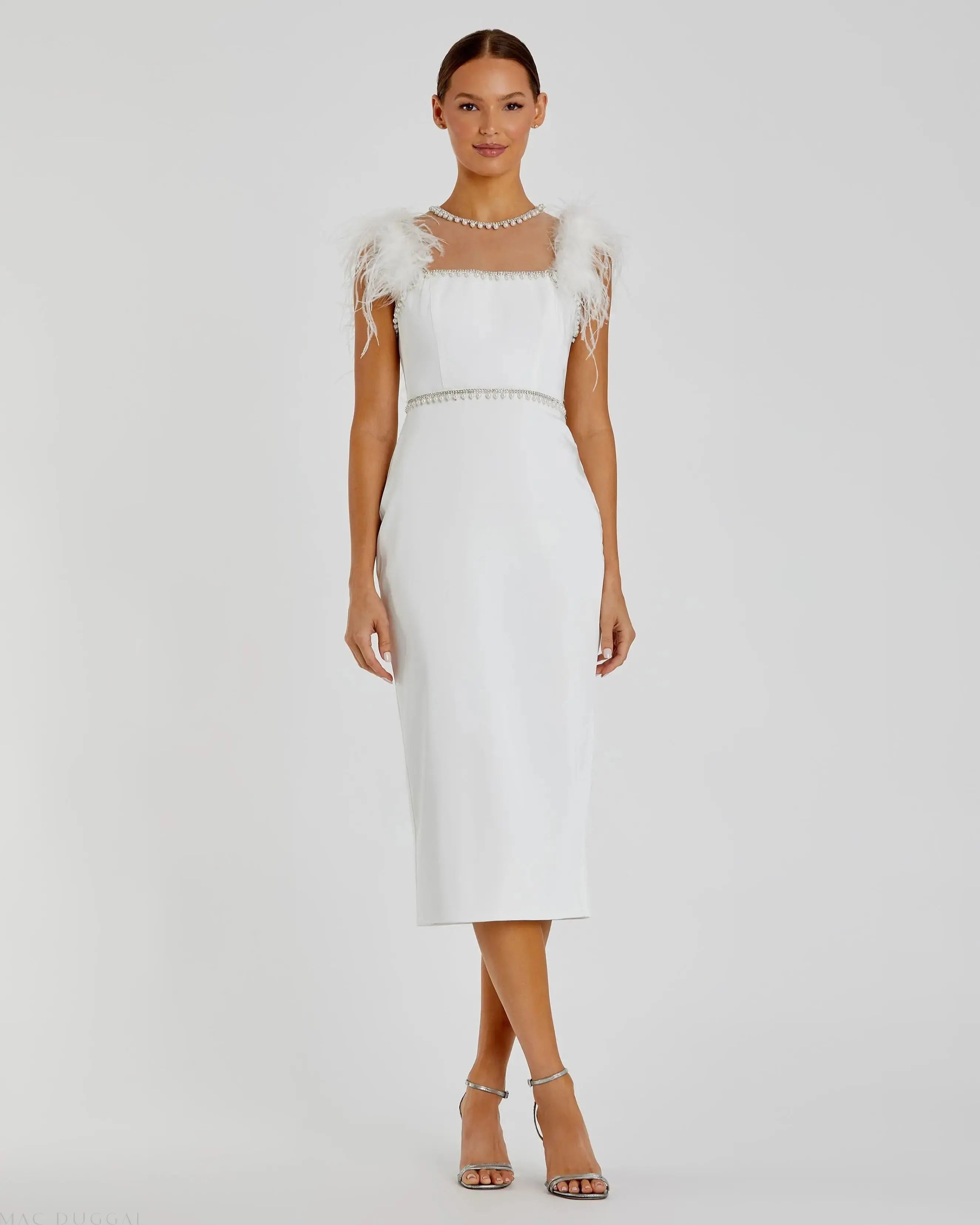 White Feather Cap Sleeve Pearl Embellished Tea-length Dress