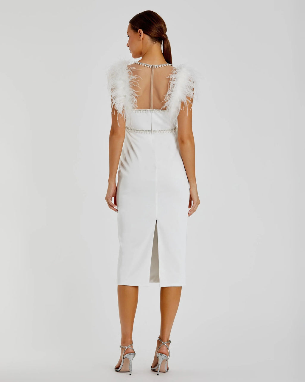 White Feather Cap Sleeve Pearl Embellished Tea-length Dress