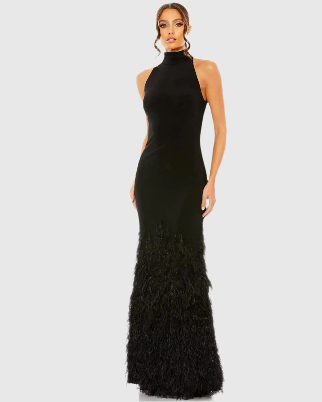 Black Halter Neck Jersey Gown With Feather Trim