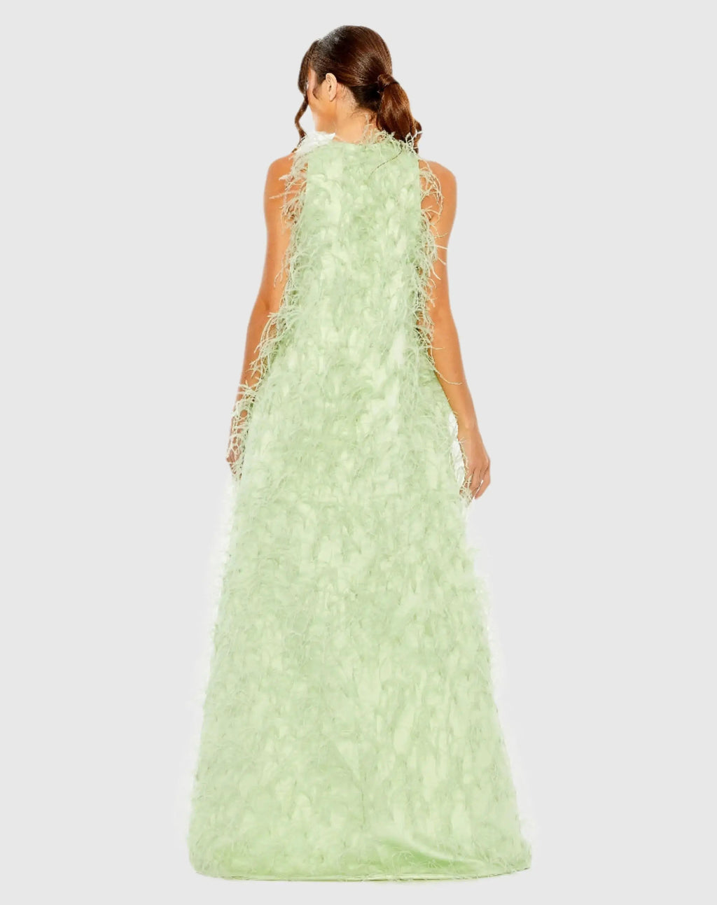 Green Sleeveless Feather Embellished High Low Gown