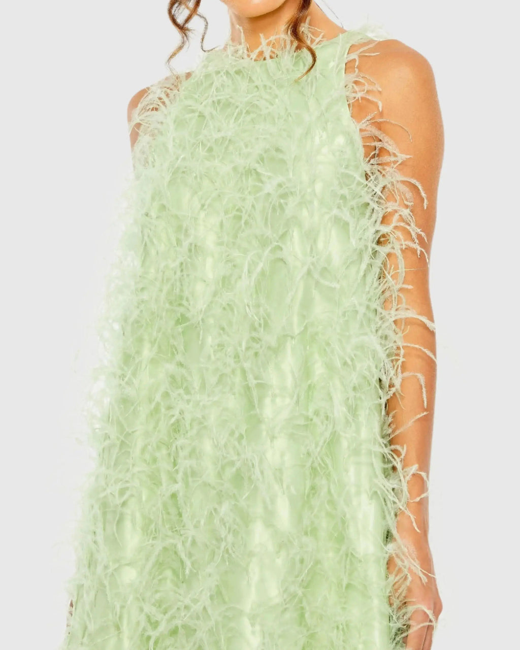 Green Sleeveless Feather Embellished High Low Gown