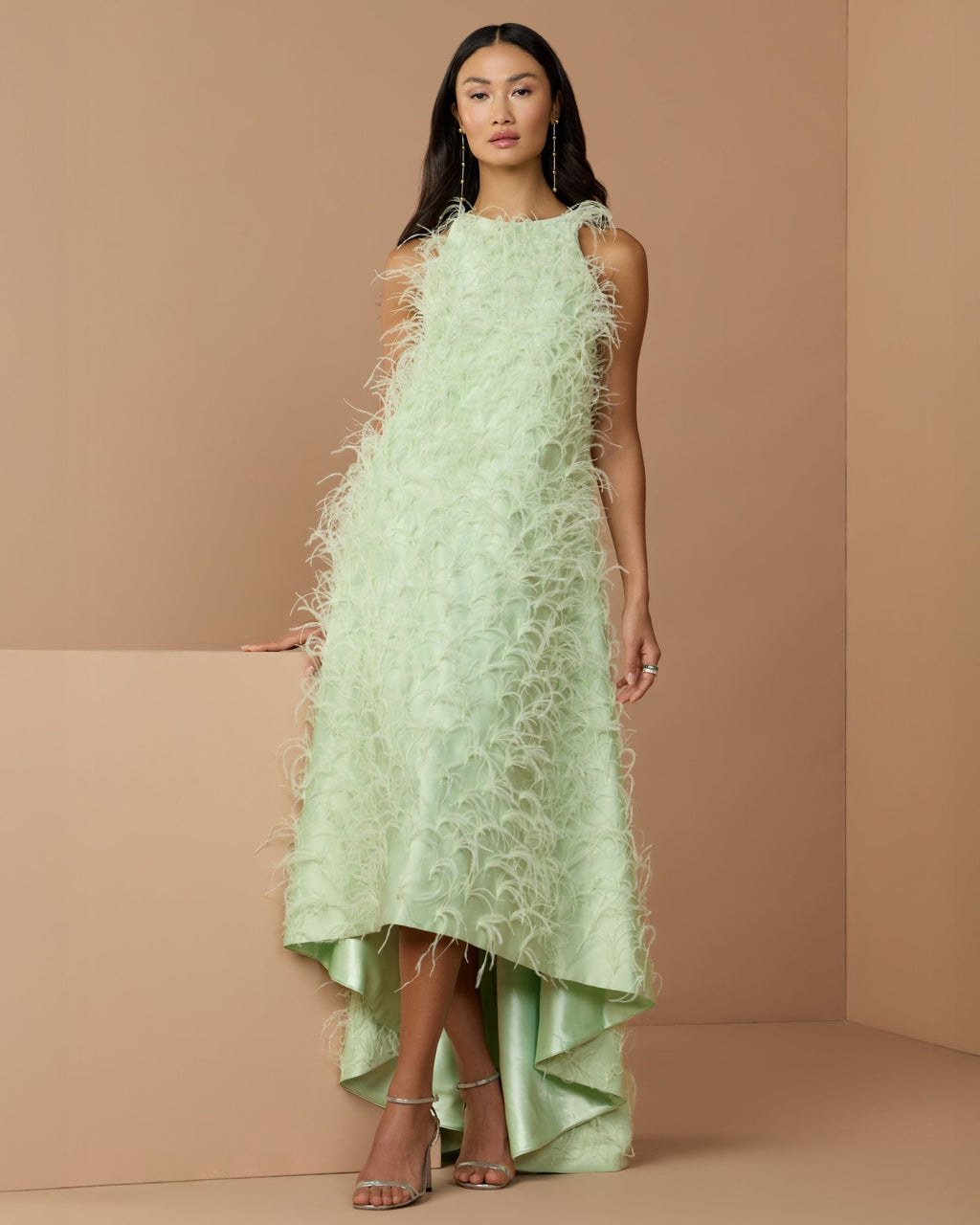 Green Sleeveless Feather Embellished High Low Gown
