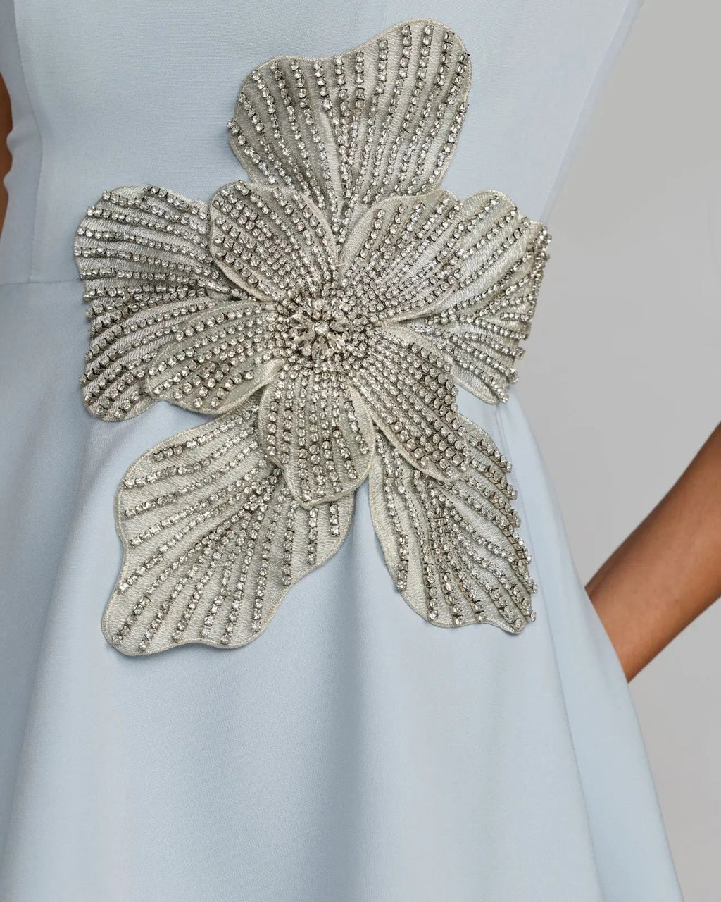 Blue Crepe Sleeveless Mini Dress With Rhinestone Flower