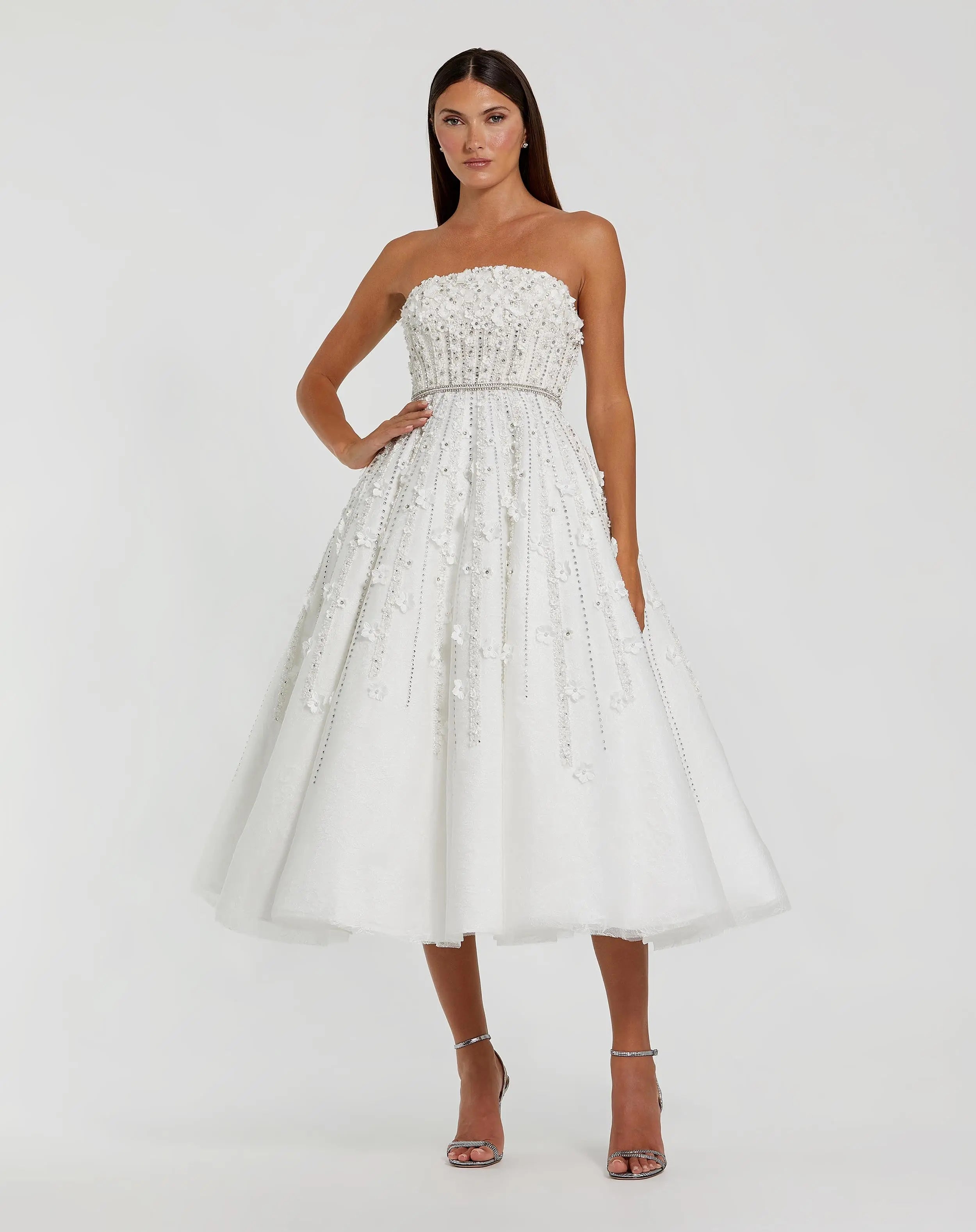 White Floral Embellished Strapless A-Line Midi Dress