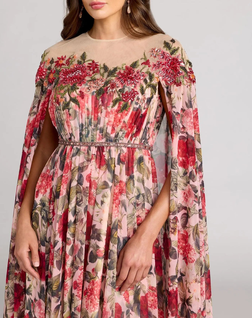 Multicolor Floral Printed Chiffon High Neck Cape Gown