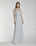 Blue High Neck Short Sleeve Embellished Gown