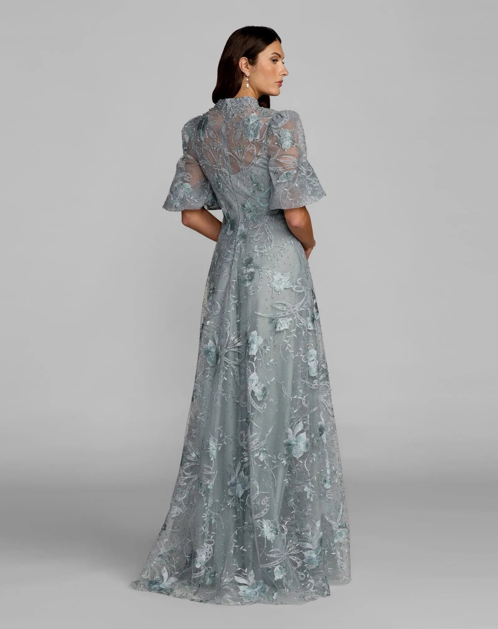 Blue Queen Anne Puff Sleeve Embroidered A-Line Gown