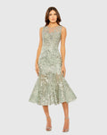 Green Sleeveless Embroidered Trumpet Midi Dress