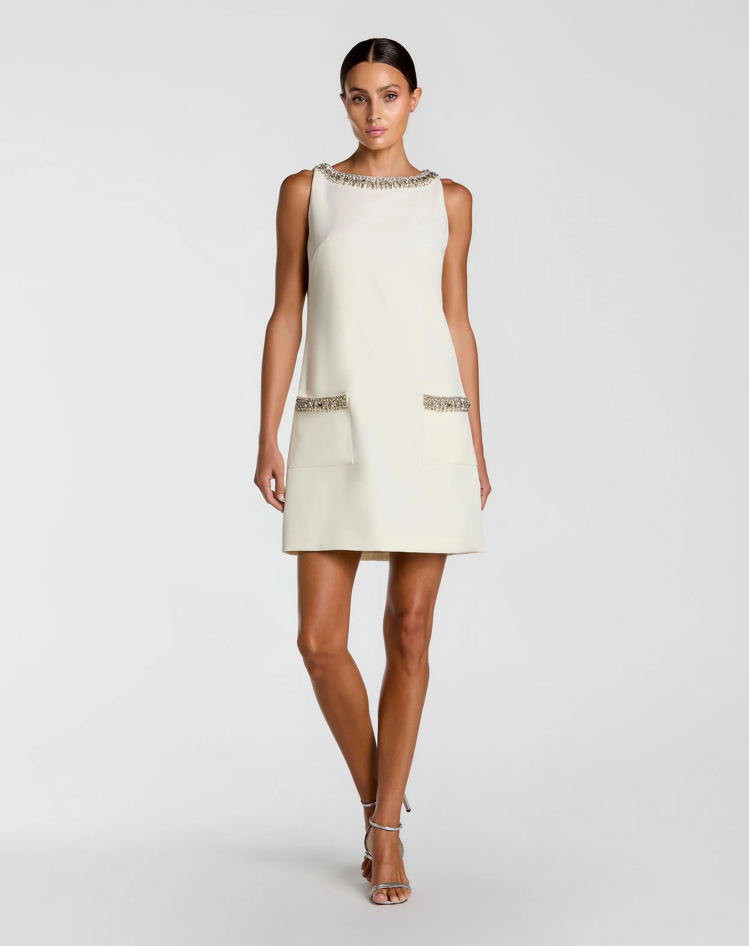 Ivory Sleeveless Shift Mini Dress with Rhinestone Trim