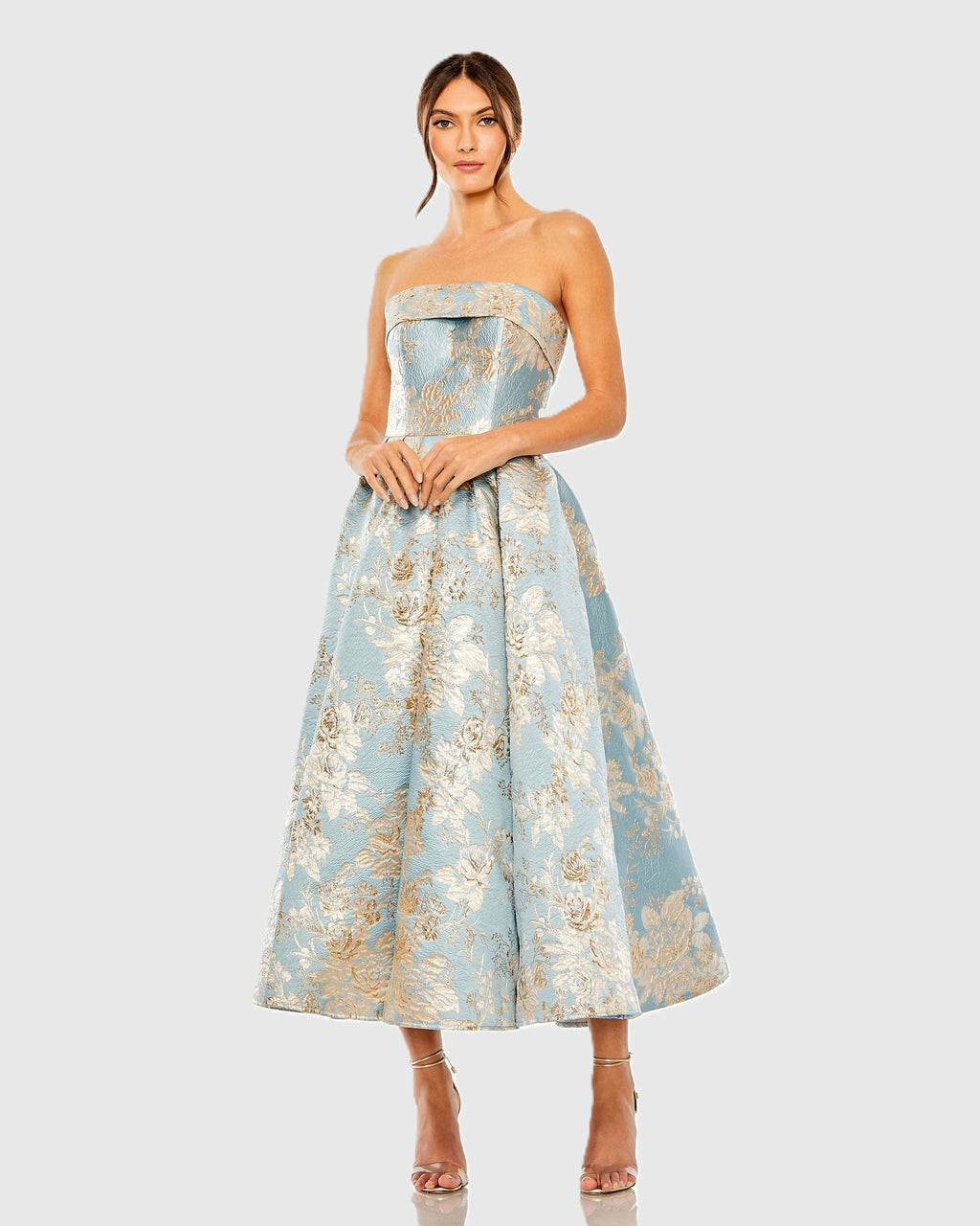 Light Blue Strapless Brocade Midi Dress With Pockets