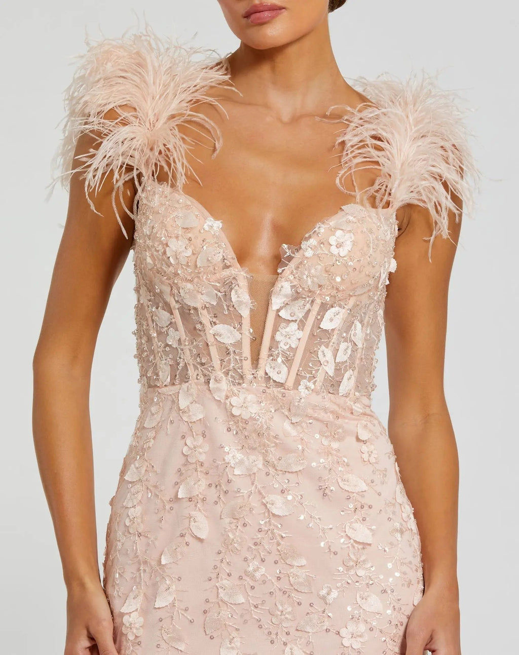 Pink Sheer Applique Bustier Gown with Feather Straps