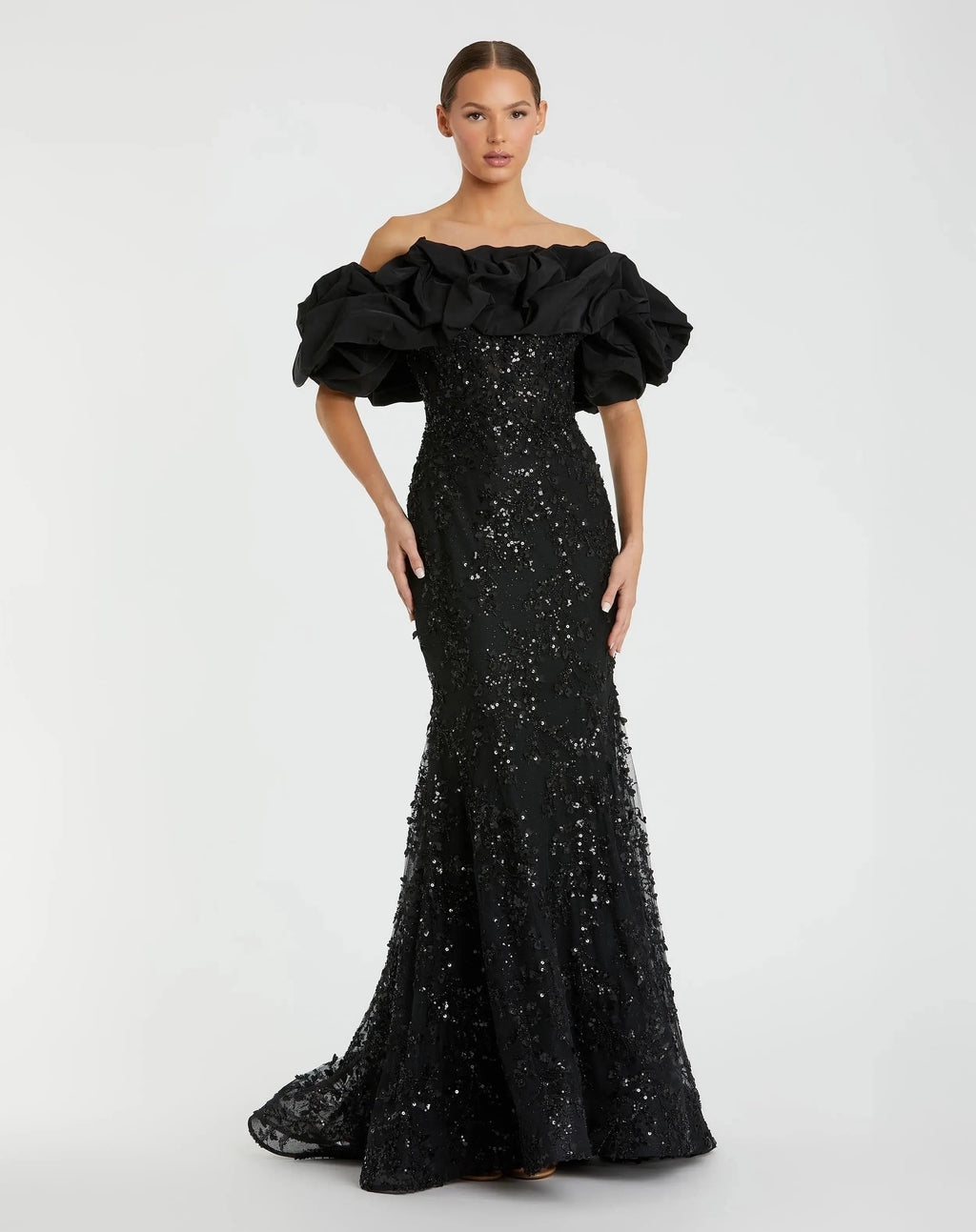 Black Embellished Mermaid Gown With Off The Shoulder Ruffle