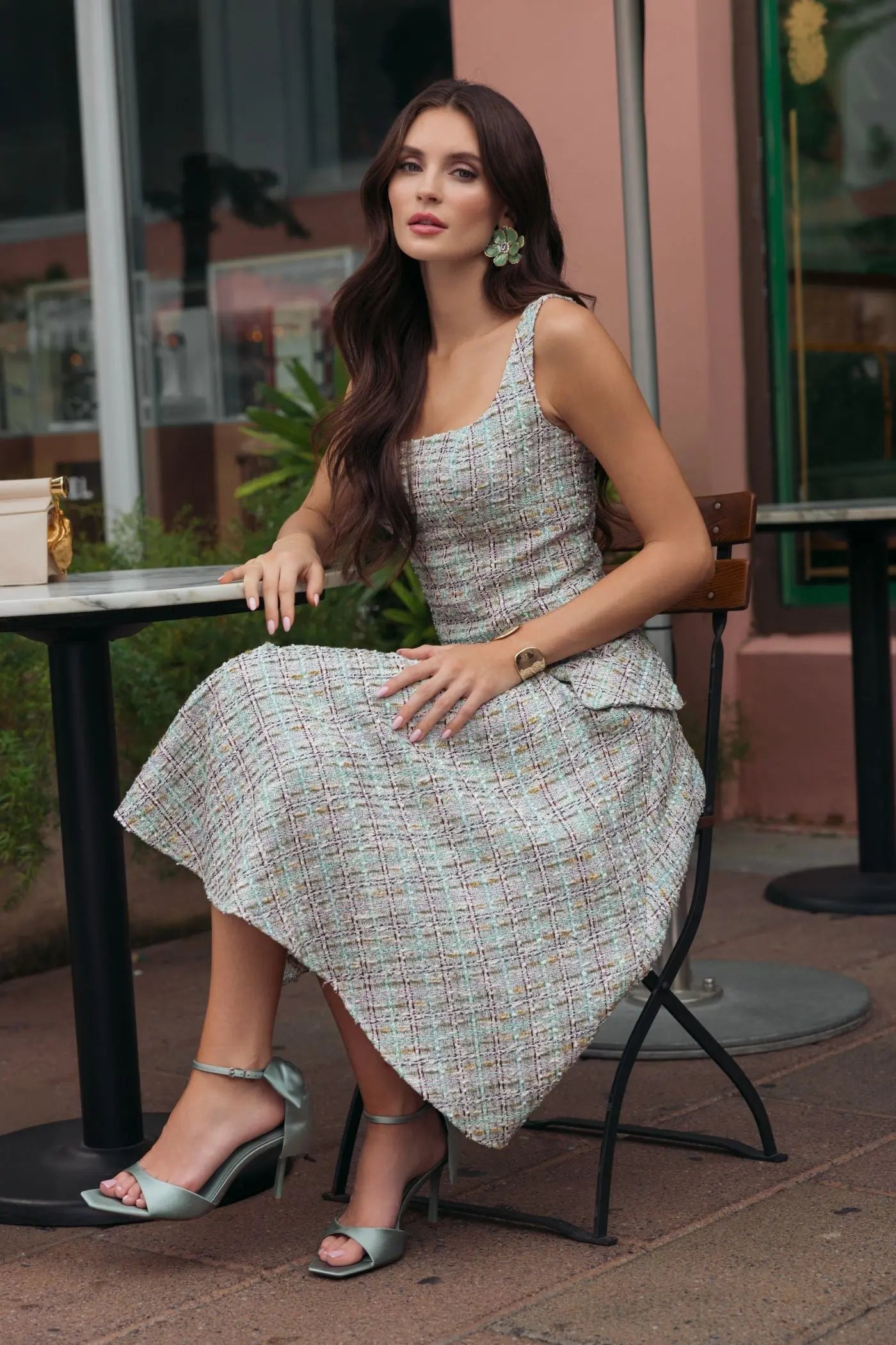 Multicolor Sleeveless Drop Waist Boucle Midi Dress