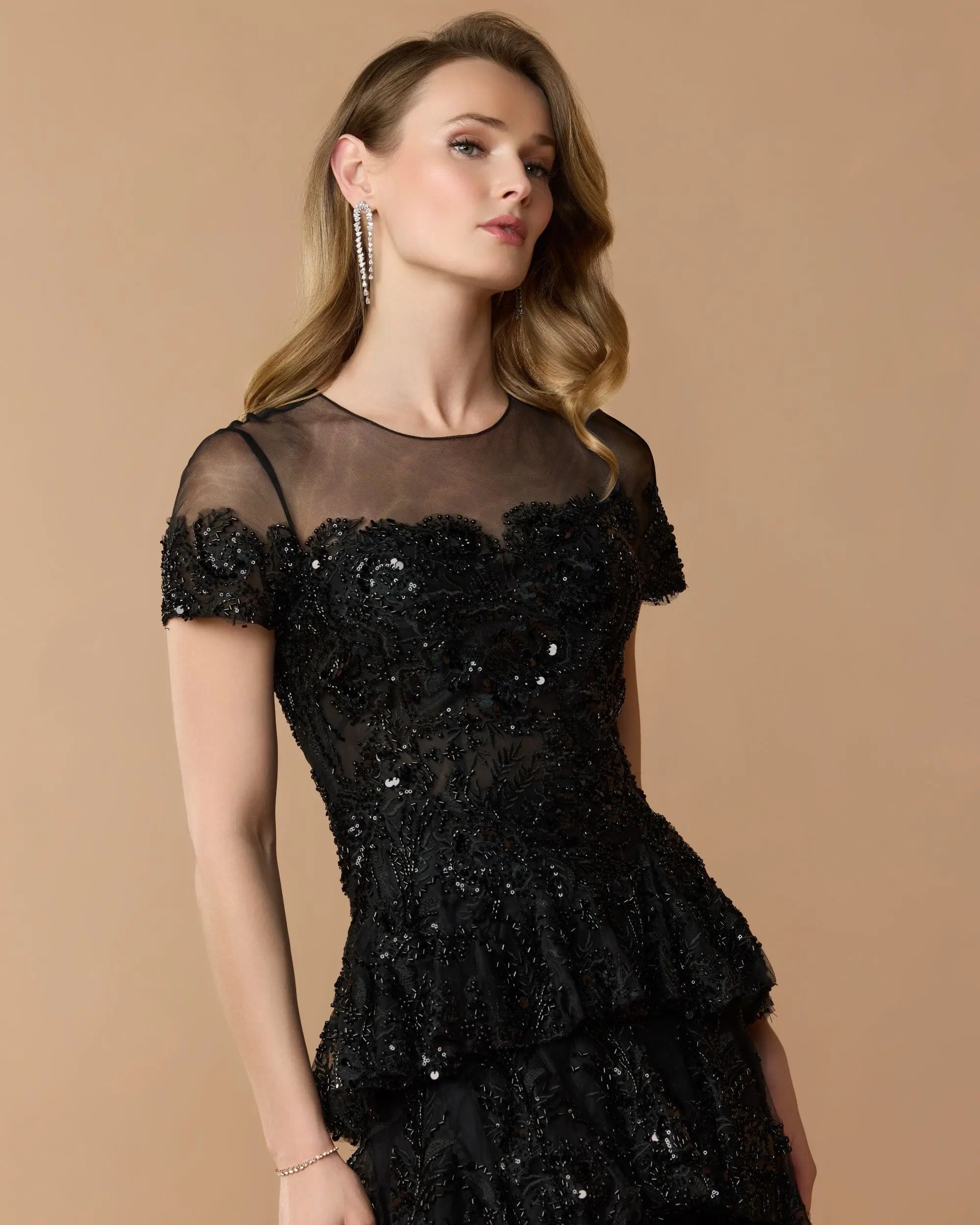 Black Embellished High Neck Gown With Tiered Ruffle Skirt