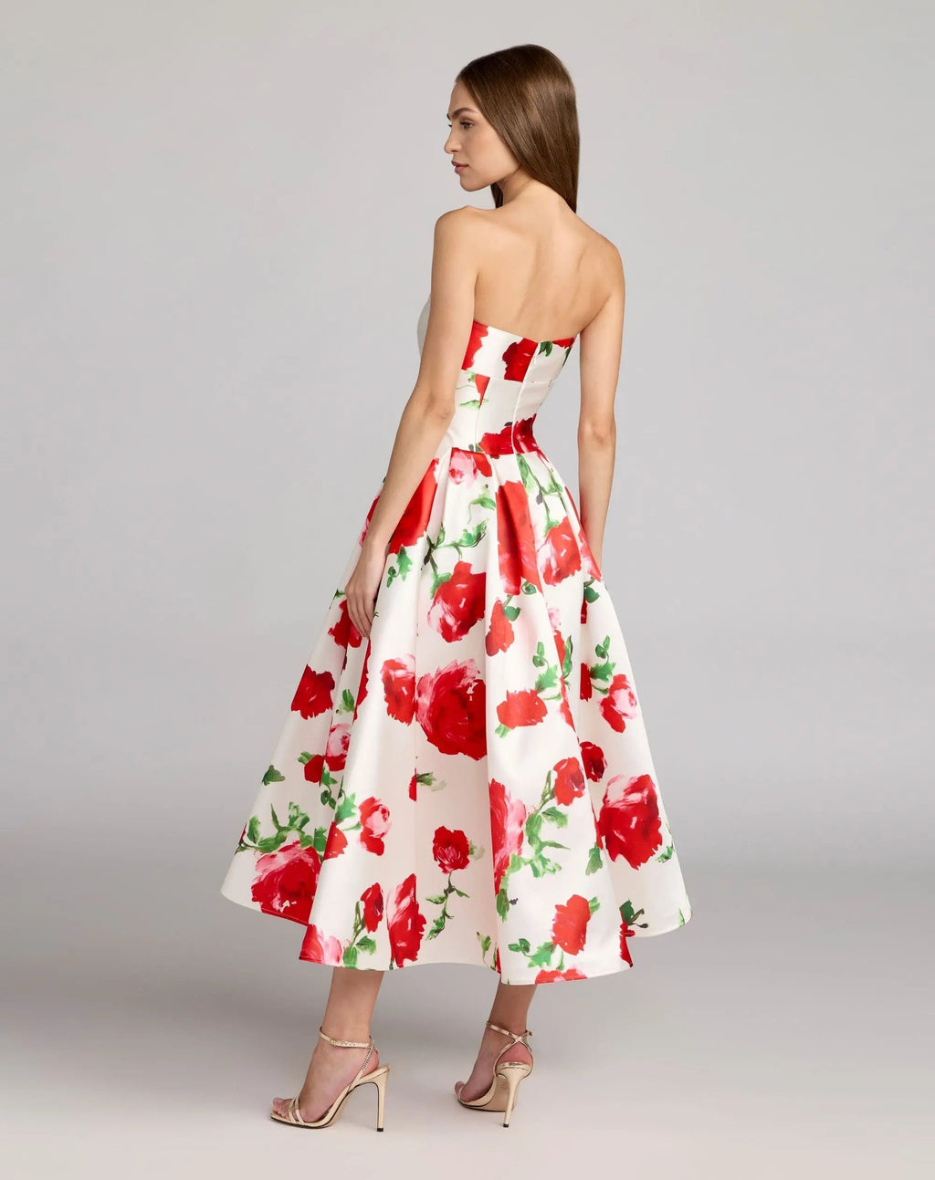 White Strapless Floral Printed A Line Midi Dress