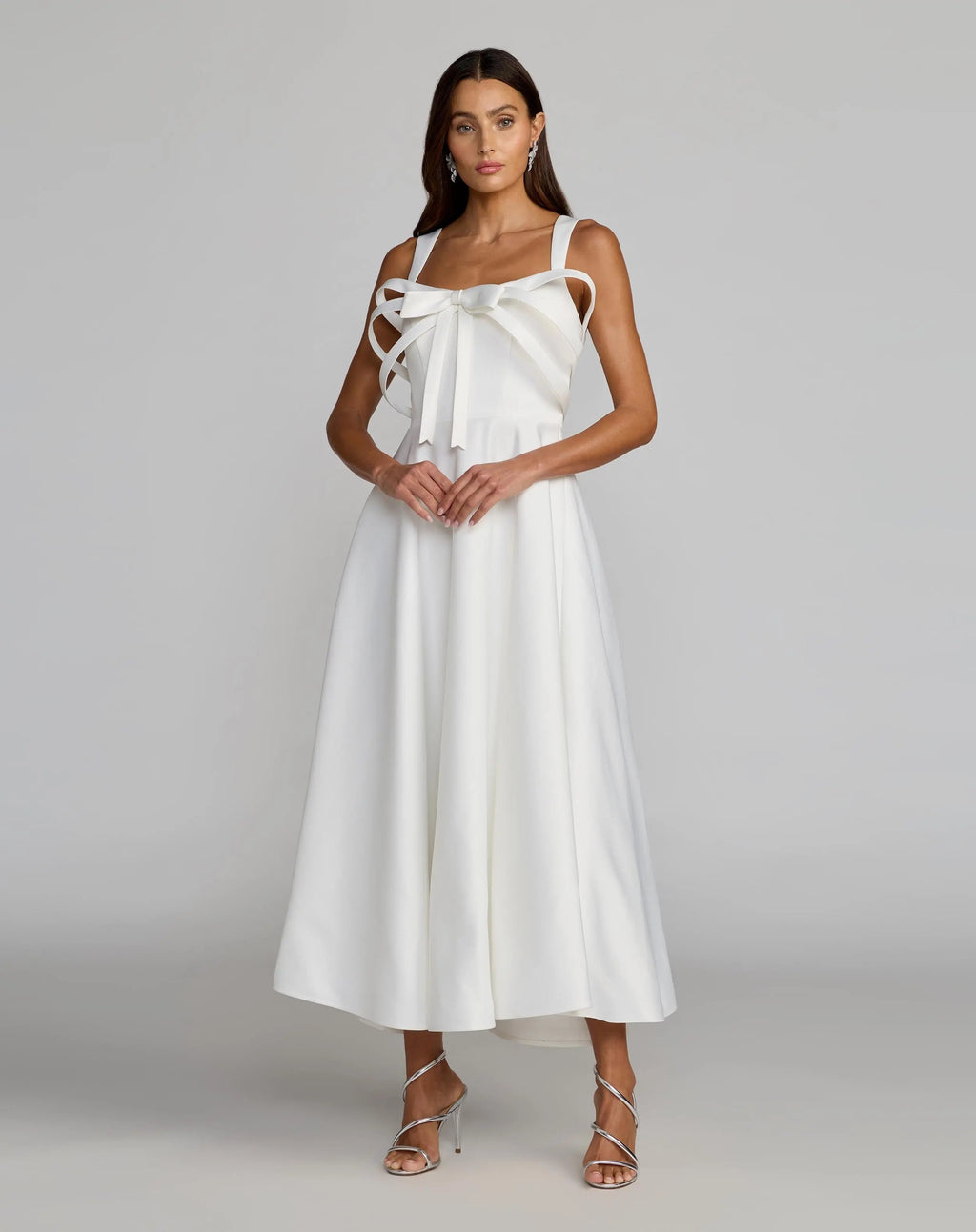 White Satin Sleeveless A Line Midi Dress With Bow