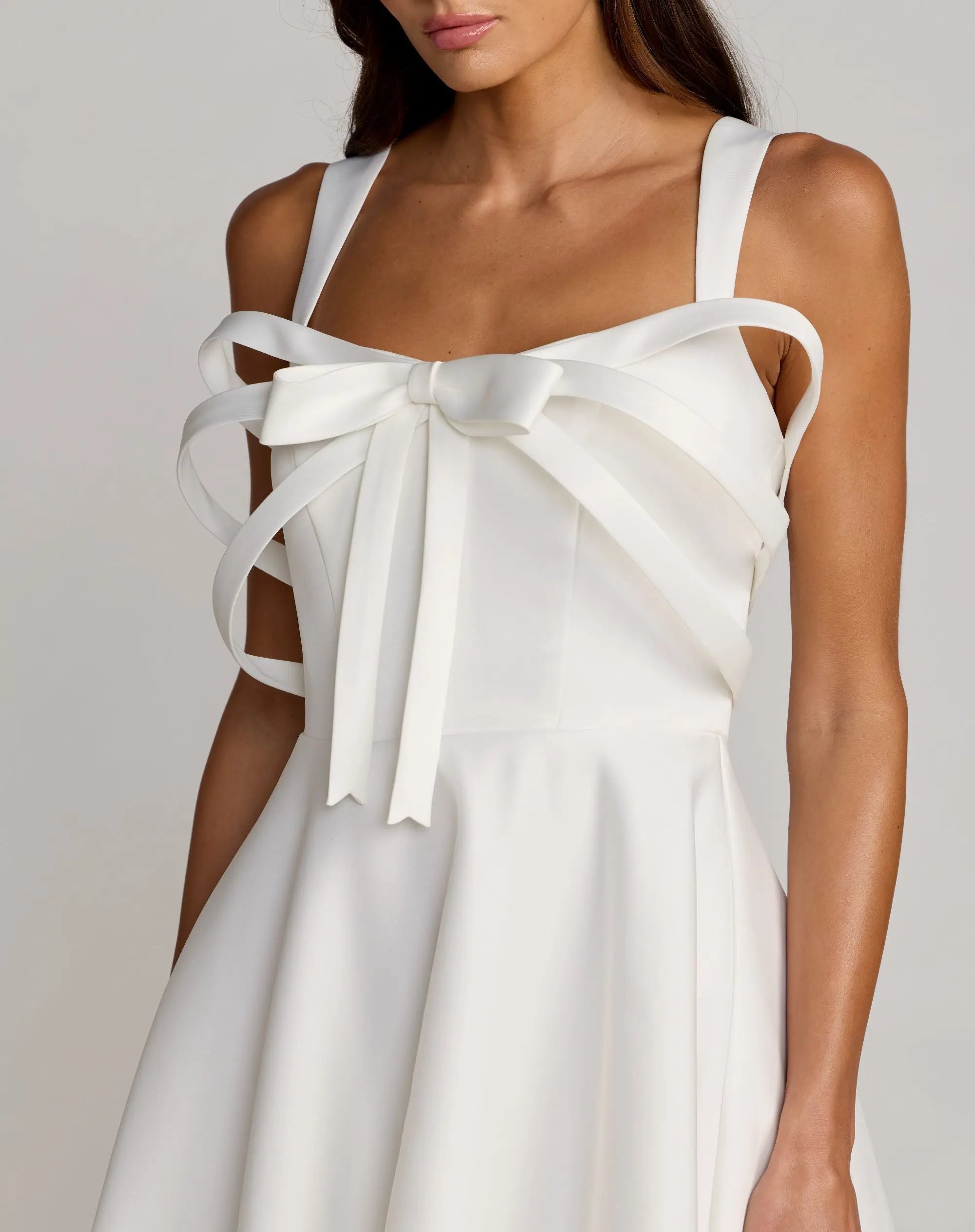 White Satin Sleeveless A Line Midi Dress With Bow