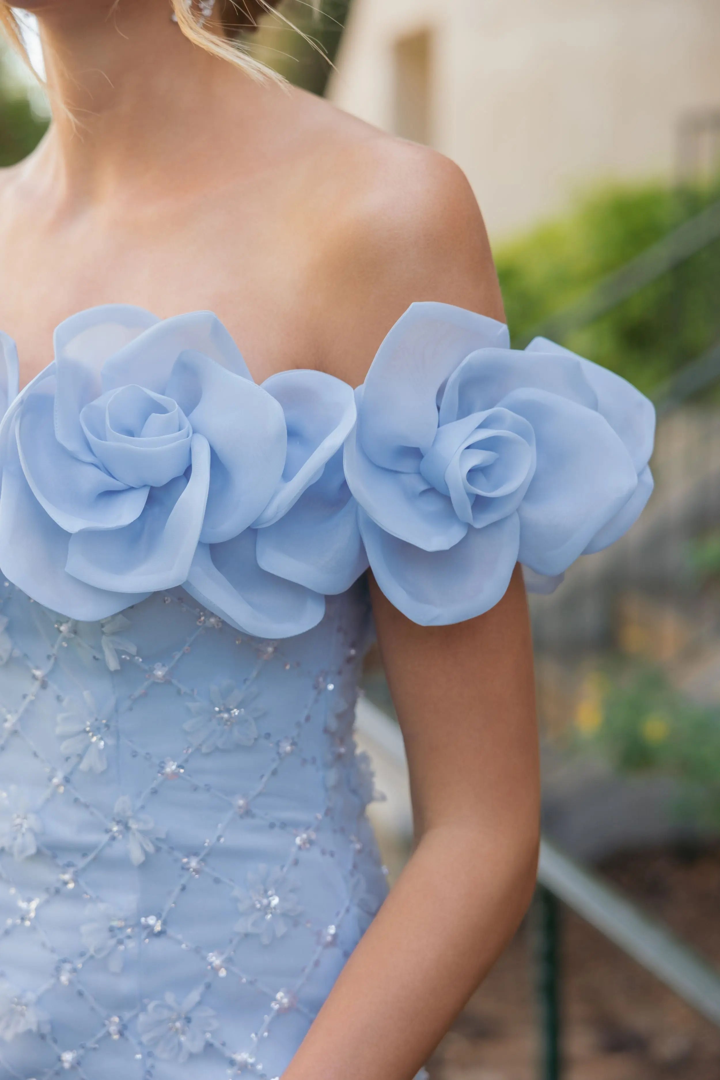 Blue Off The Shoulder Embellished Dress With 3D Flower Detail