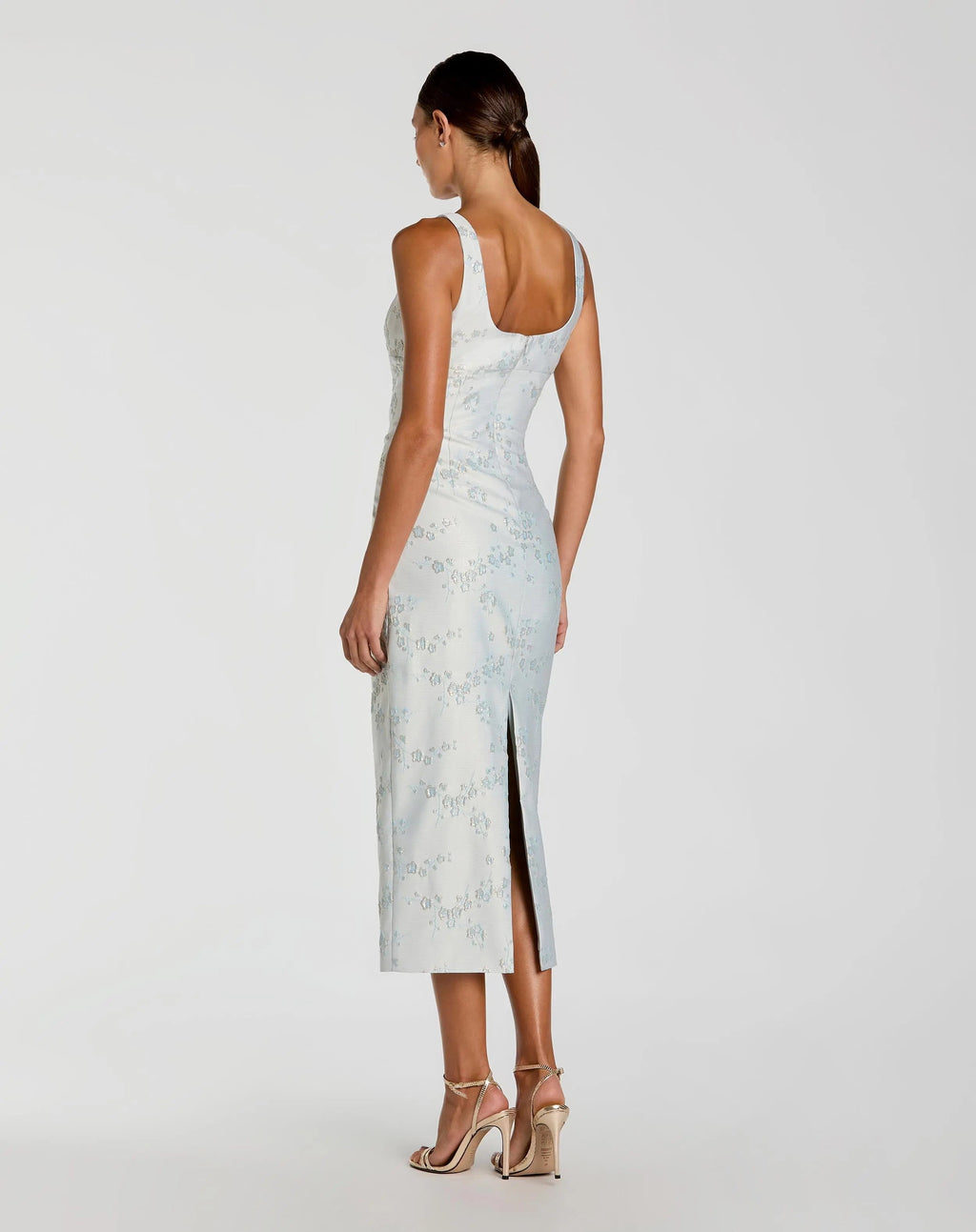 Light Blue Brocade Sleeveless Scoop Neck Midi Dress