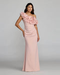 Pink One Shoulder Crepe Gown With 3D Flowers