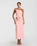 Pink Strapless Crepe Dress With 3D Satin Flowers