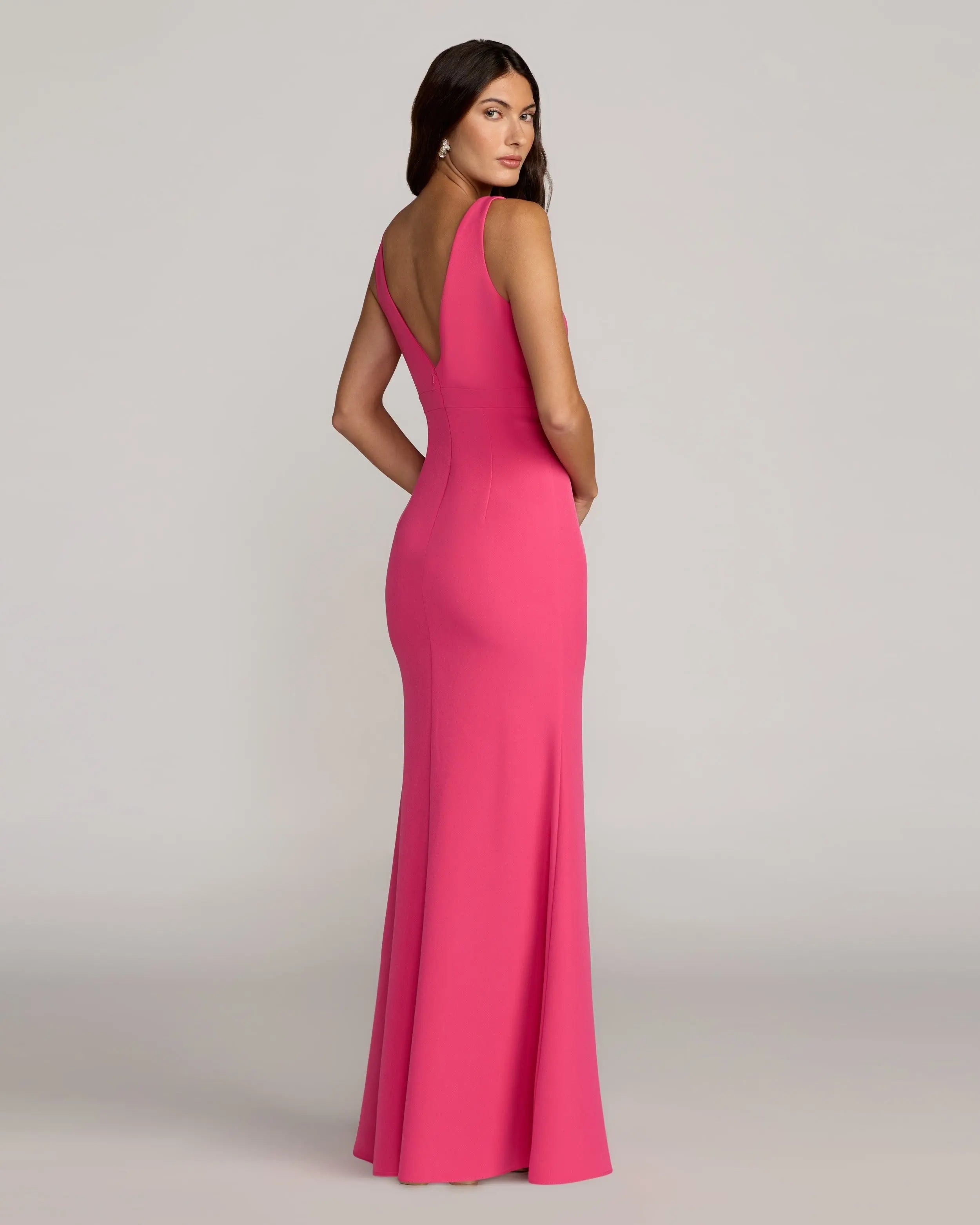 Pink Crepe V-Neck Mermaid Gown with Bow