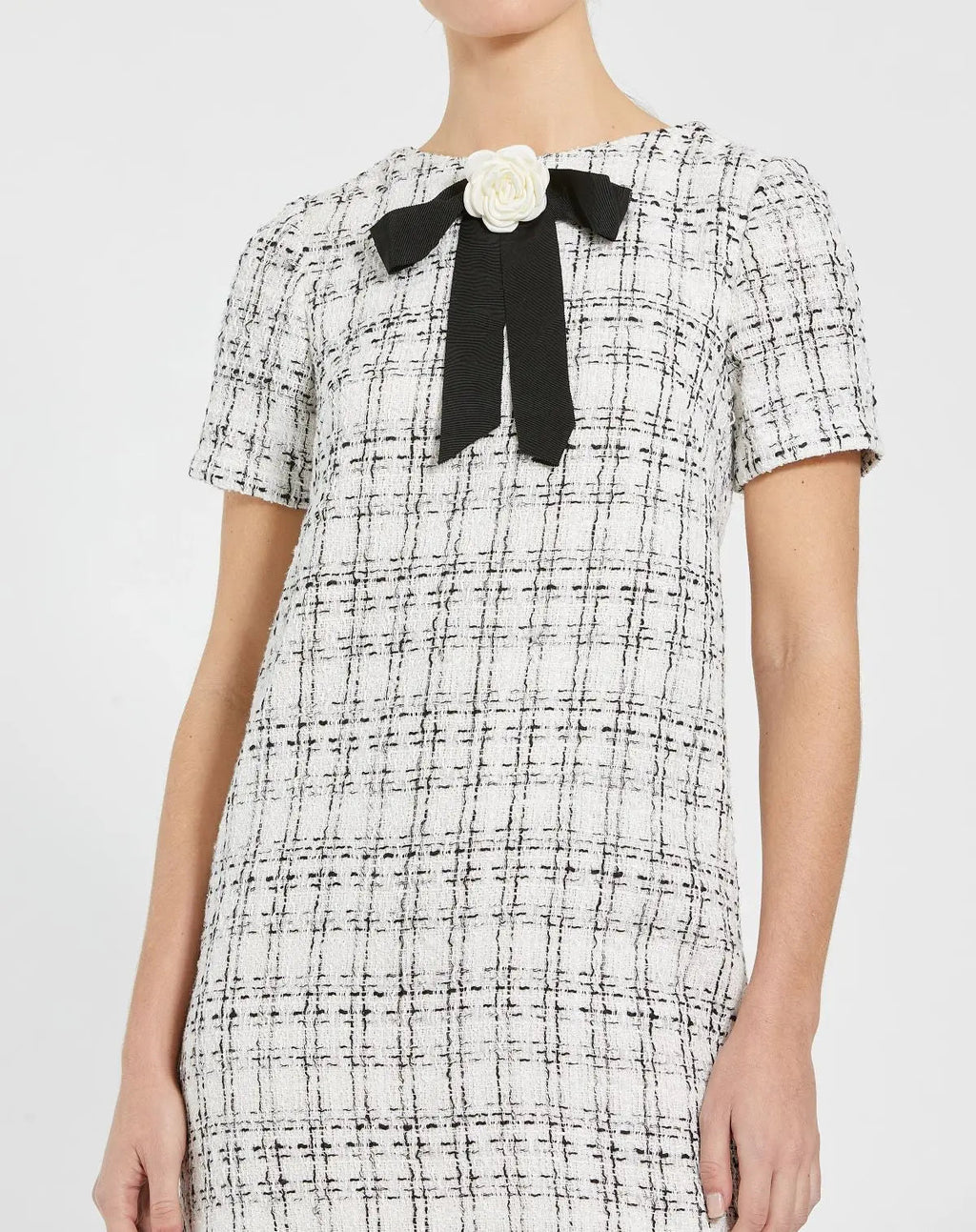 White Short Sleeve Boucle Mini Dress with Bow