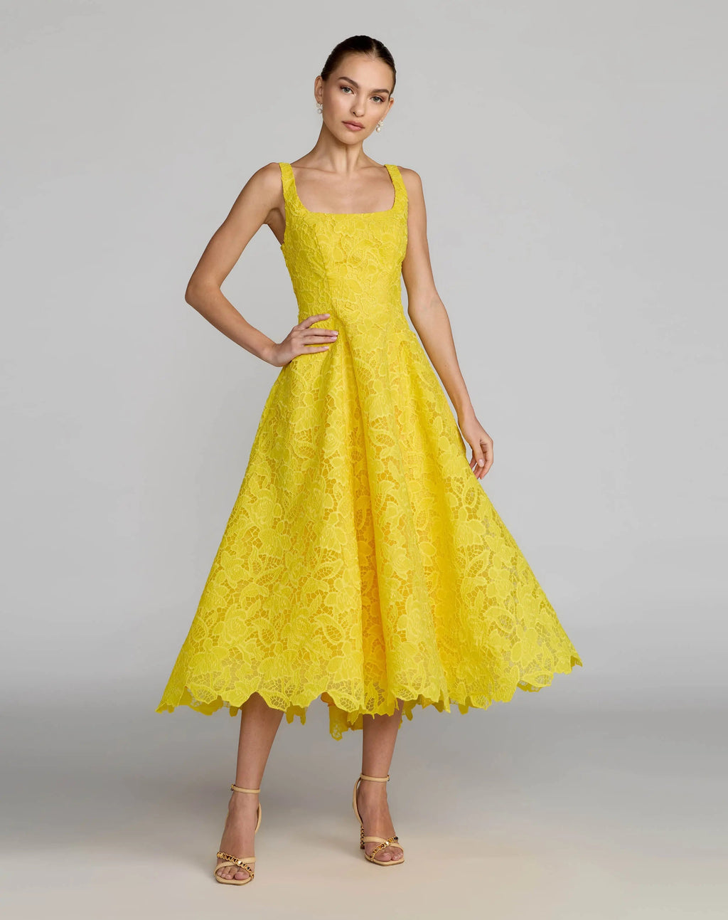 Yellow Lace Square Neck A-Line Midi Dress
