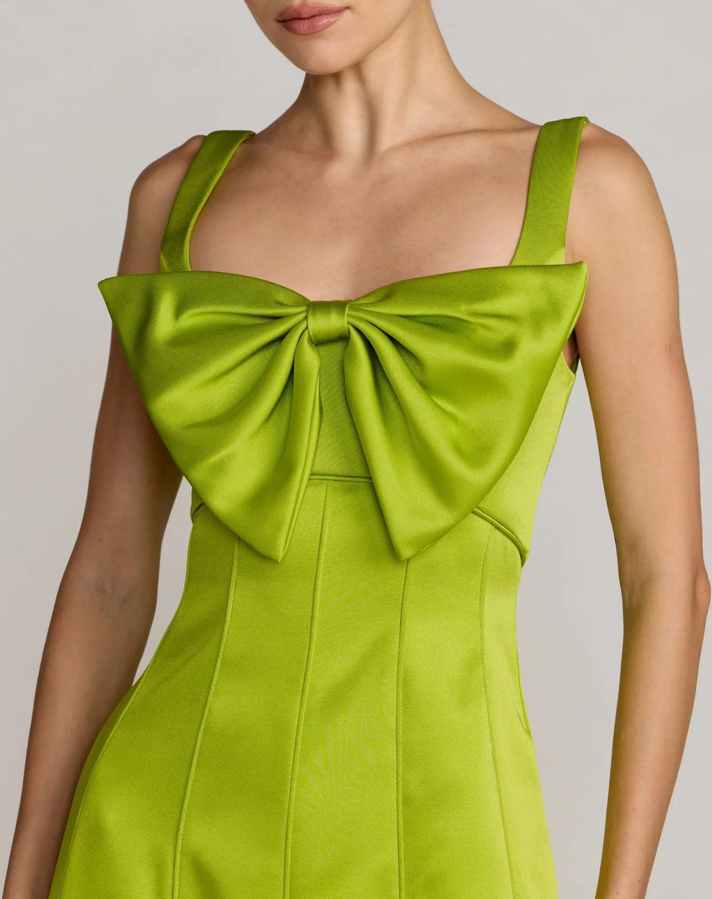 Green Sleeveless Satin Midi Dress With Bow Detail