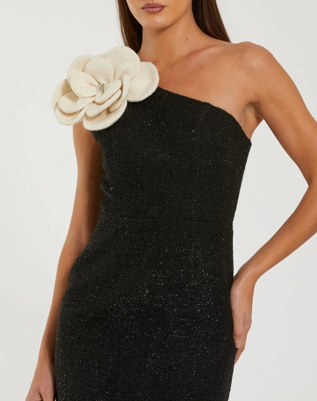 Black One Shoulder Boucle Midi Dress With 3D Flower