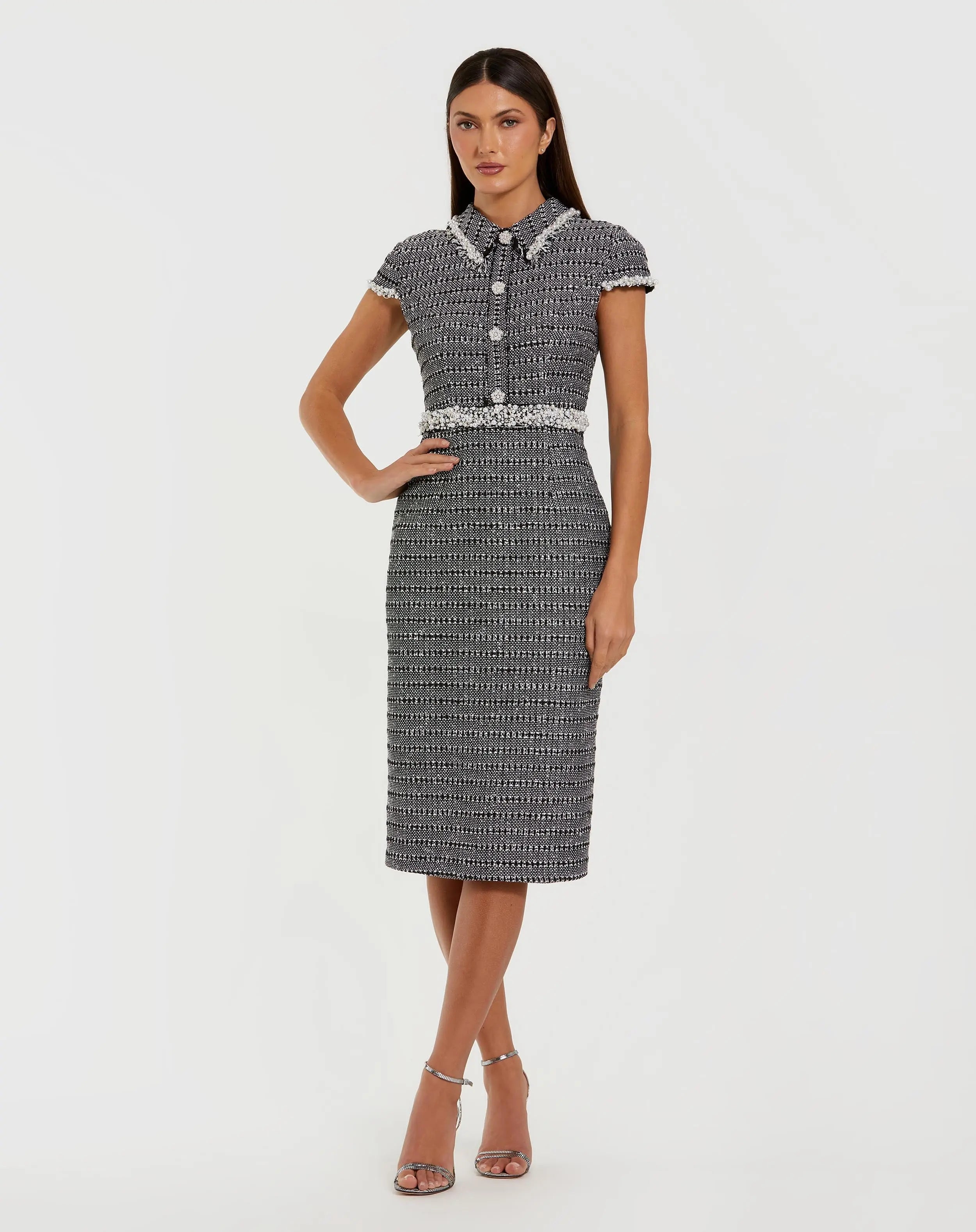 Black Embellished Cap Sleeve Boucle Midi Dress