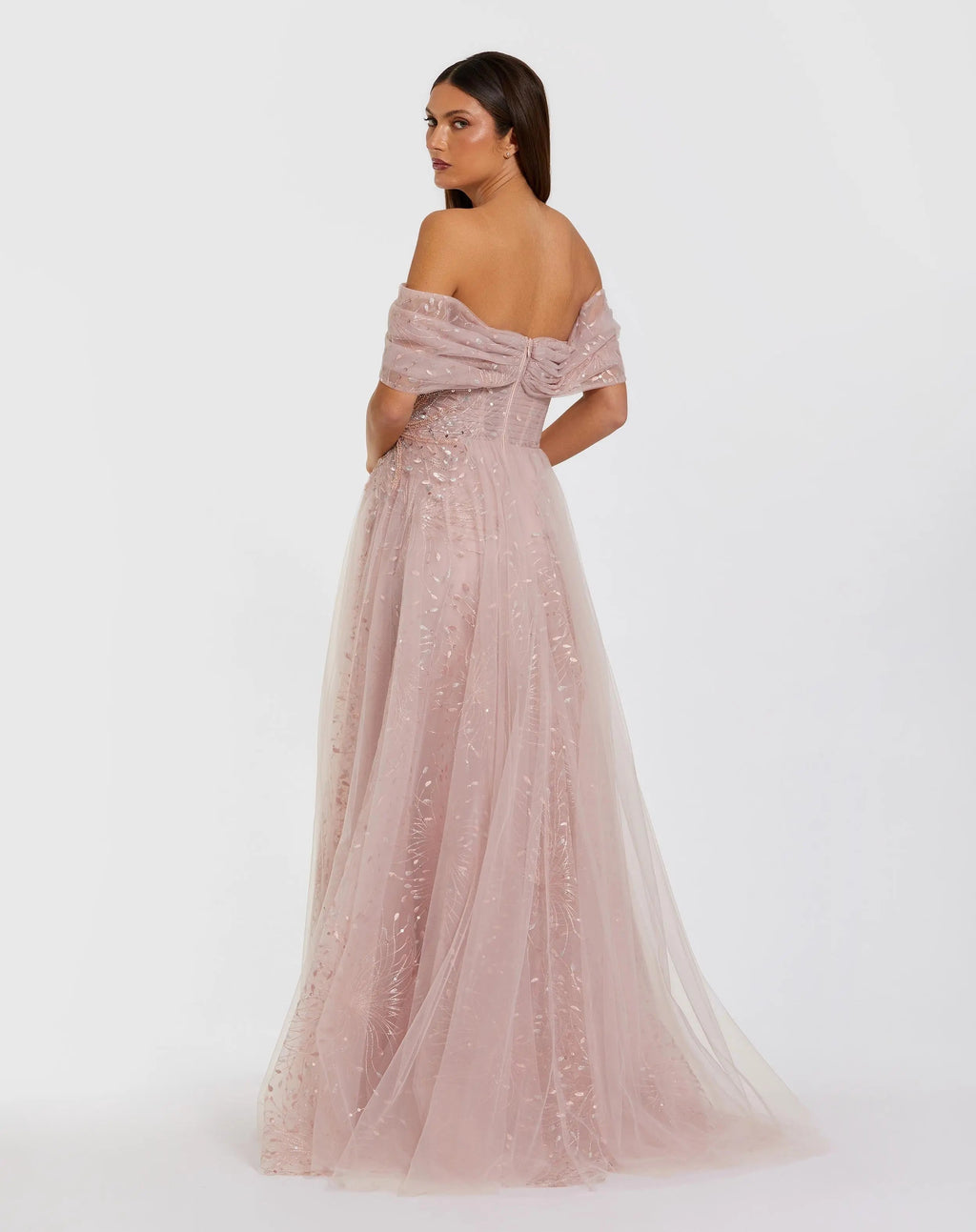 Pink Embroidered Tulle Off The Shoulder Ball Gown