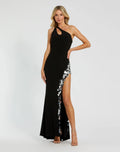 Black One Shoulder Keyhole Gown with Embellished Slit