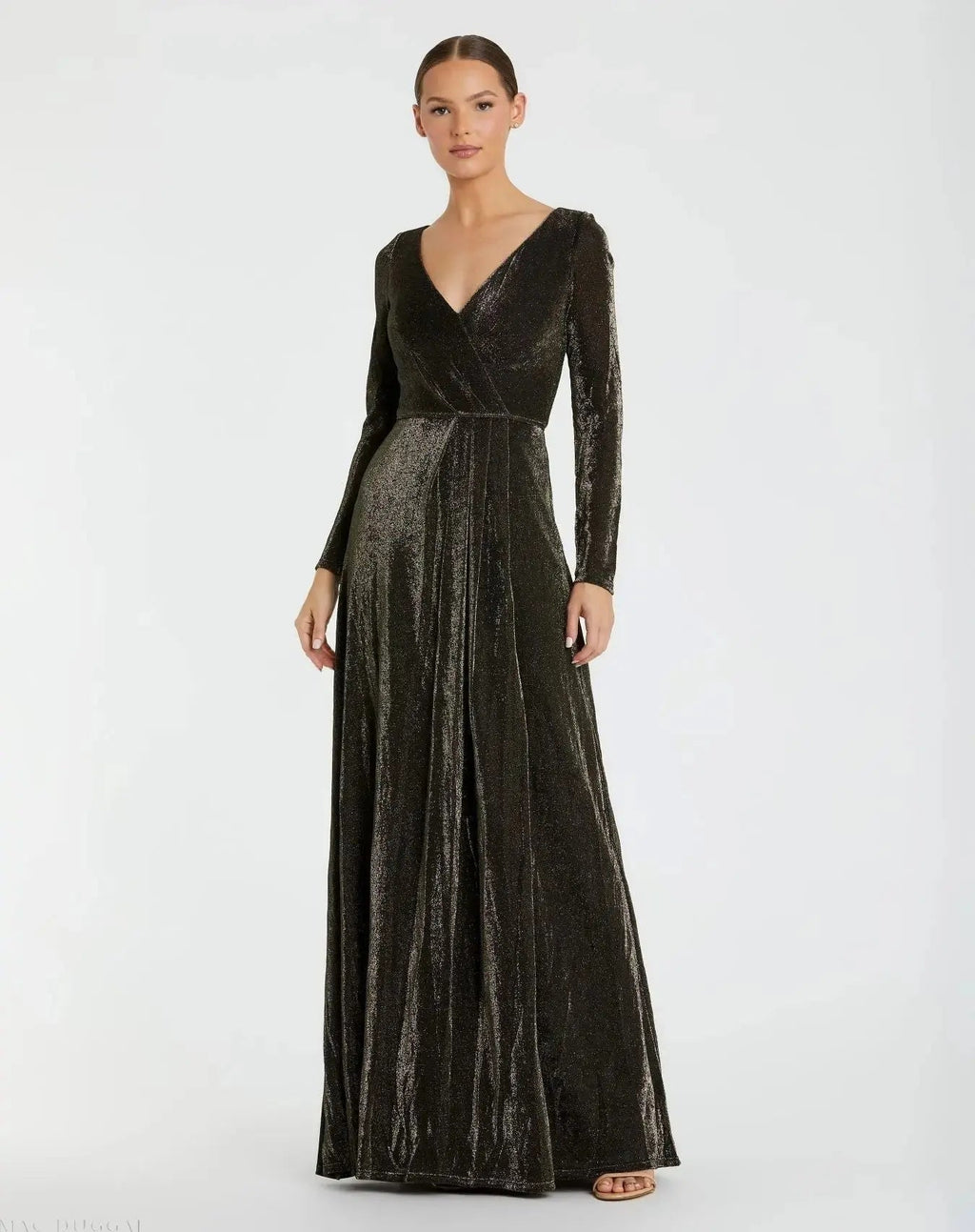 Black Long Sleeve Faux Wrap A Line Gown - FINAL SALE
