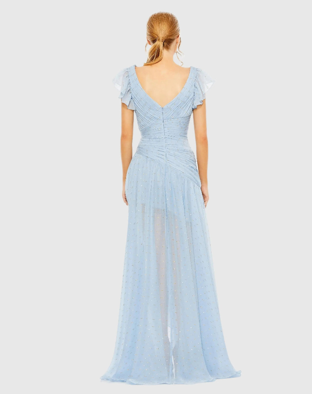 Blue Asymmetrical Ruched Gown With Flutter Sleeves