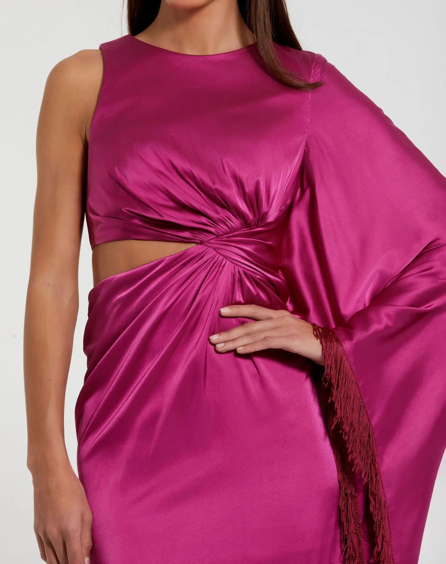 Purple Charmeuse Kaftan Sleeve Gown With Fringe Detail