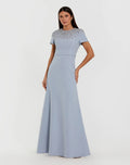 Blue High Neck Rhinestone Embellished Crepe Gown