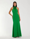 Green Sleeveless Halter Neck Gown with Rosette Detail
