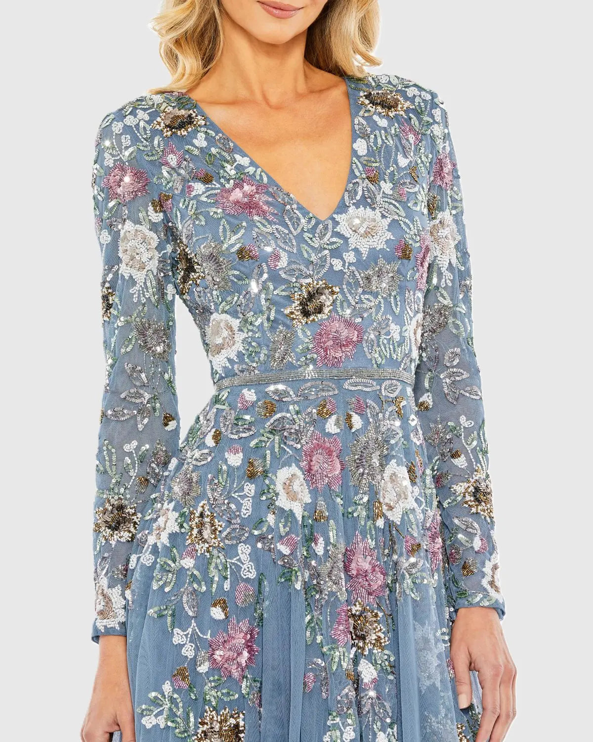 Blue Hand Embellished Floral V-Neck Long Sleeve Dress