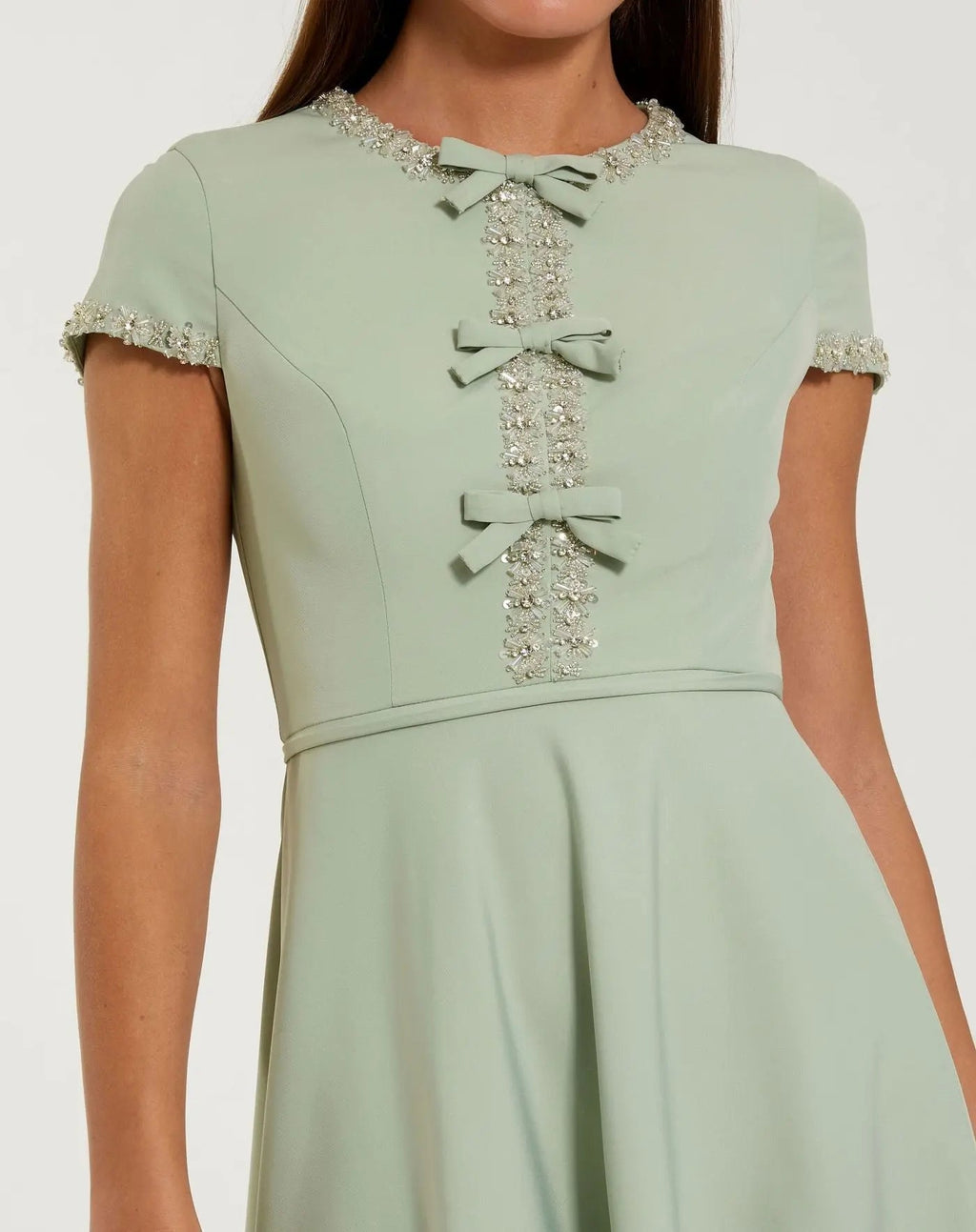 Green Embellished Crepe Cap Sleeve Midi Dress