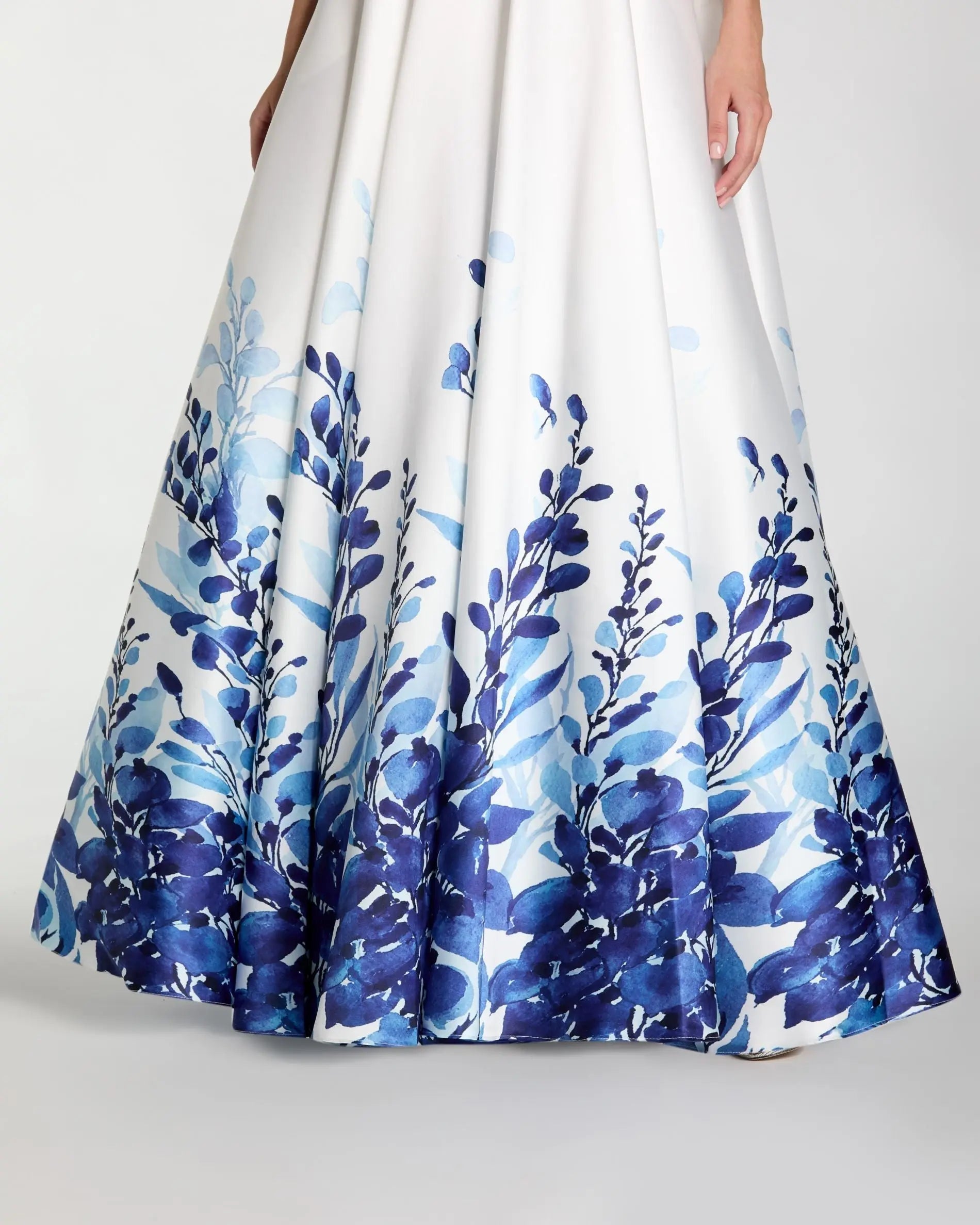 White Strapless Floral Printed Mikado Ball Gown