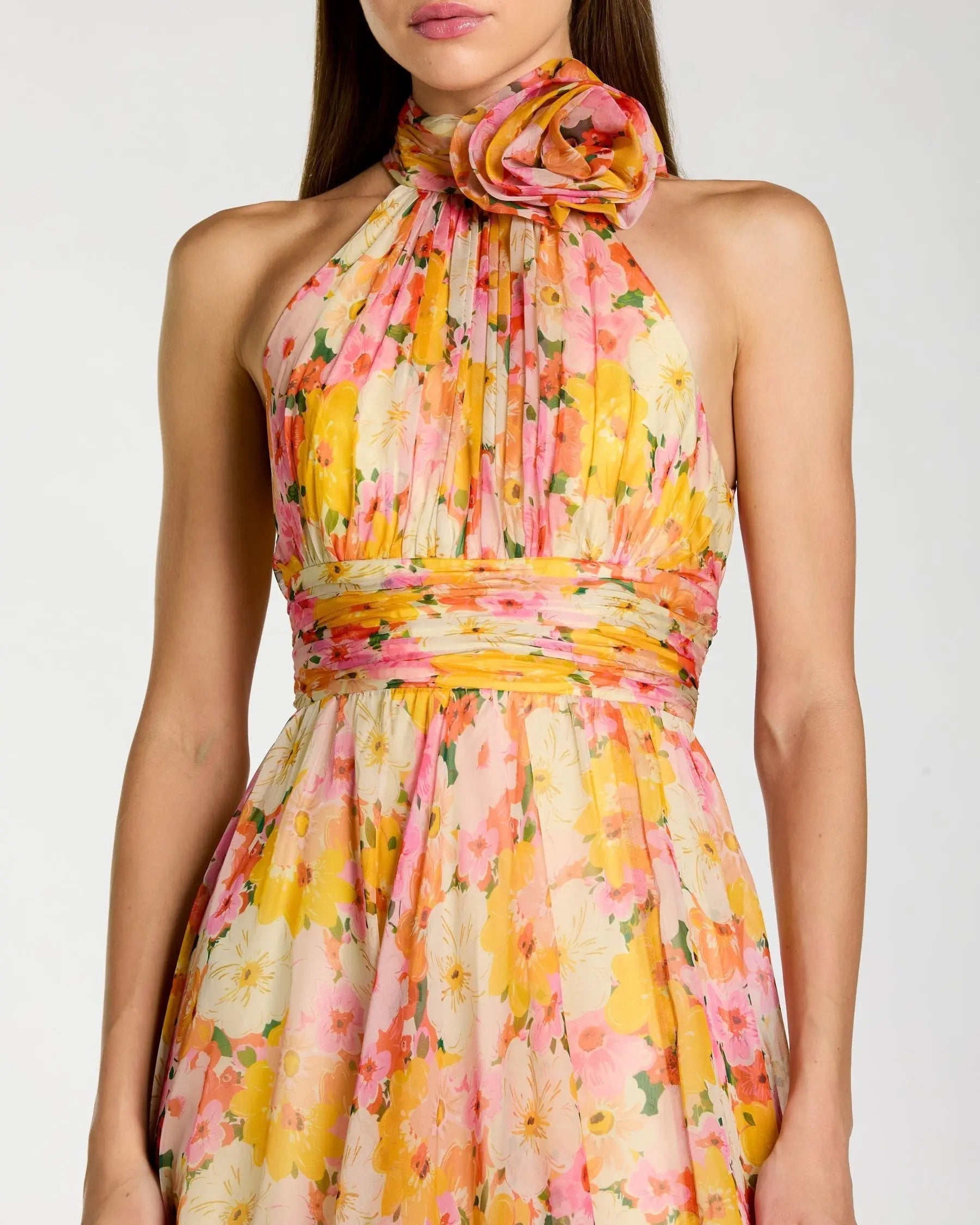 Multicolor Floral Halter Neck Midi Dress With 3D Flower