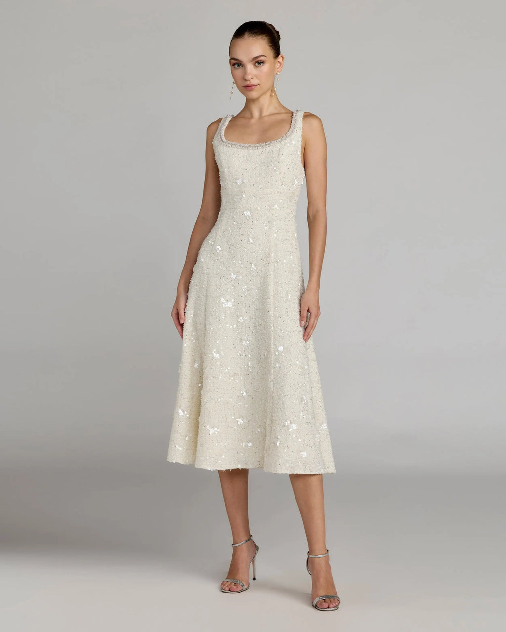 Ivory Embellished Boucle Sleeveless A-Line Midi Dress