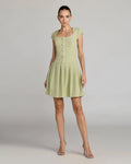 Green Tweed Cap Sleeve Pleated Mini Dress