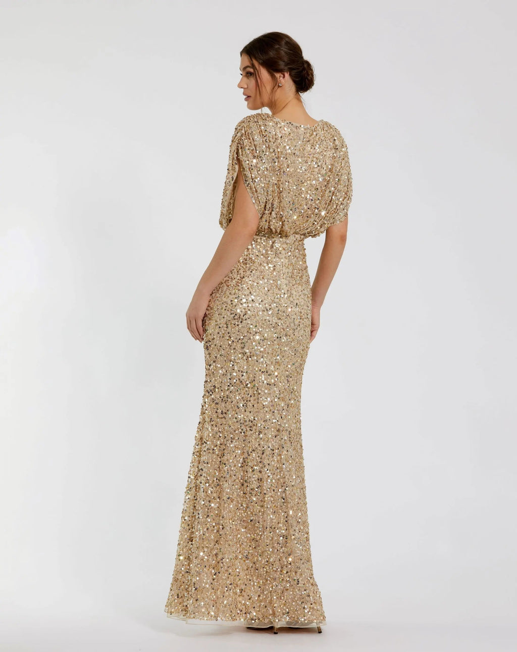 Gold Sequin Draped Sleeve V-Neck Gown