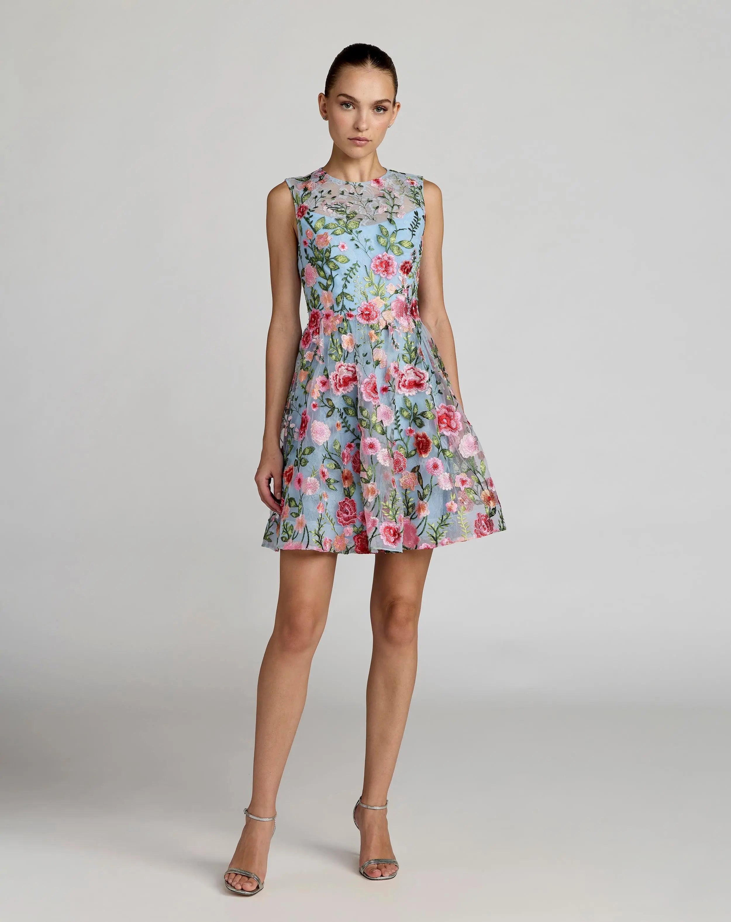 Blue Floral Embroidered Sleeveless A-Line Mini Dress