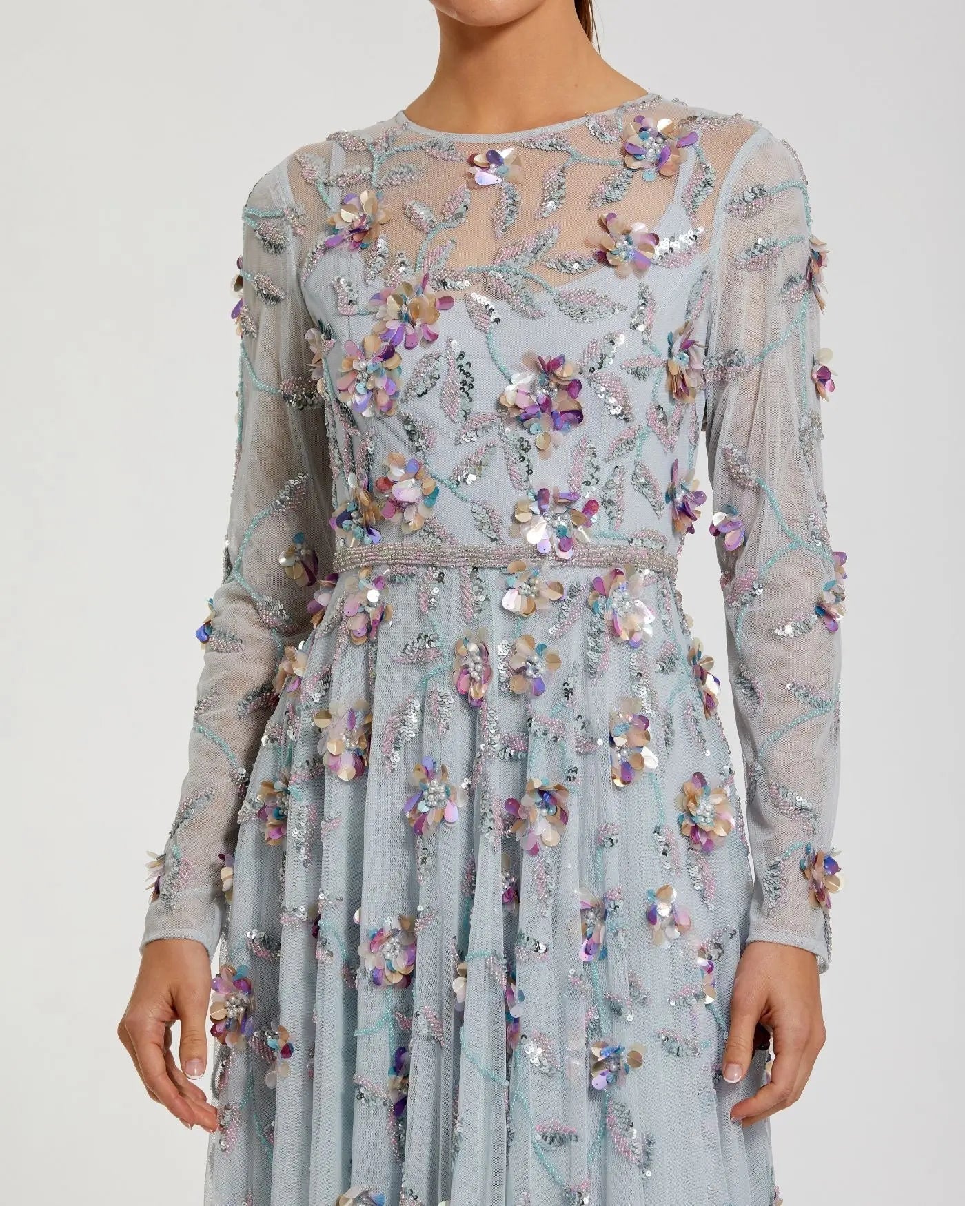 Light Blue Long Sleeve Floral Embellished Evening Gown