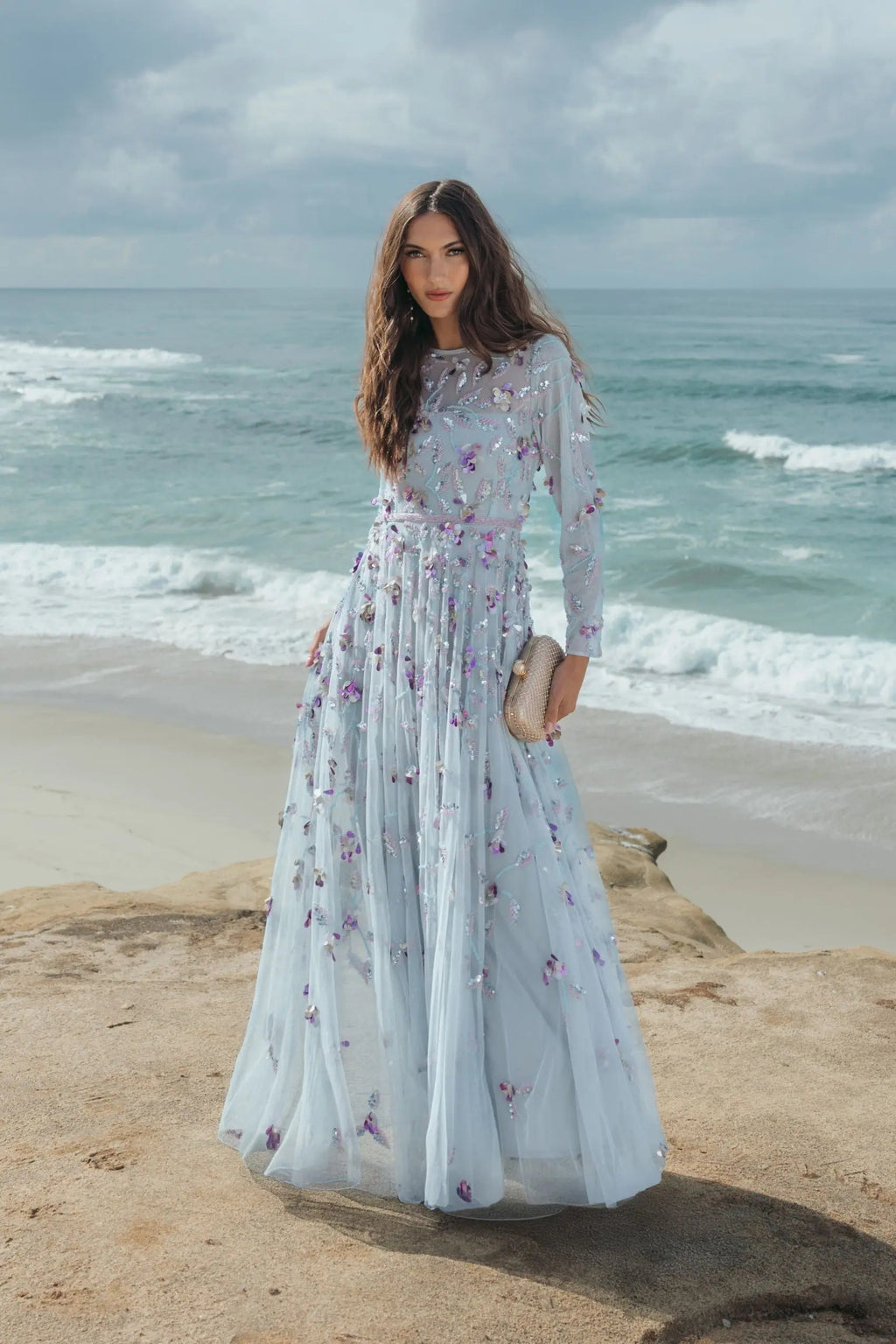 Light Blue Long Sleeve Floral Embellished Evening Gown